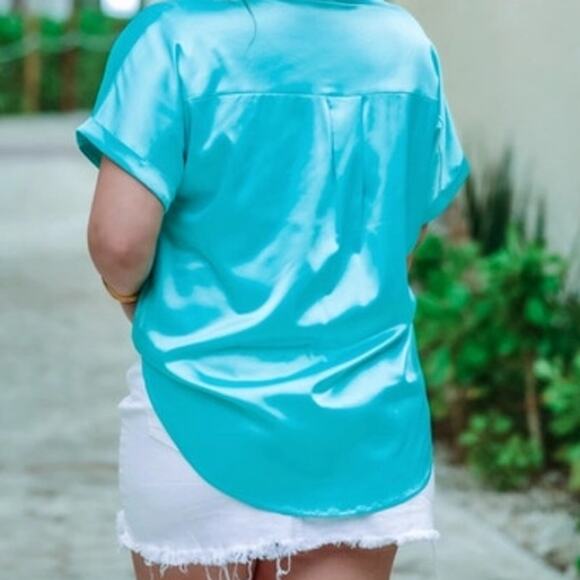 Danica Short Sleeve Button Up Top Aqua - Picture 7 of 7
